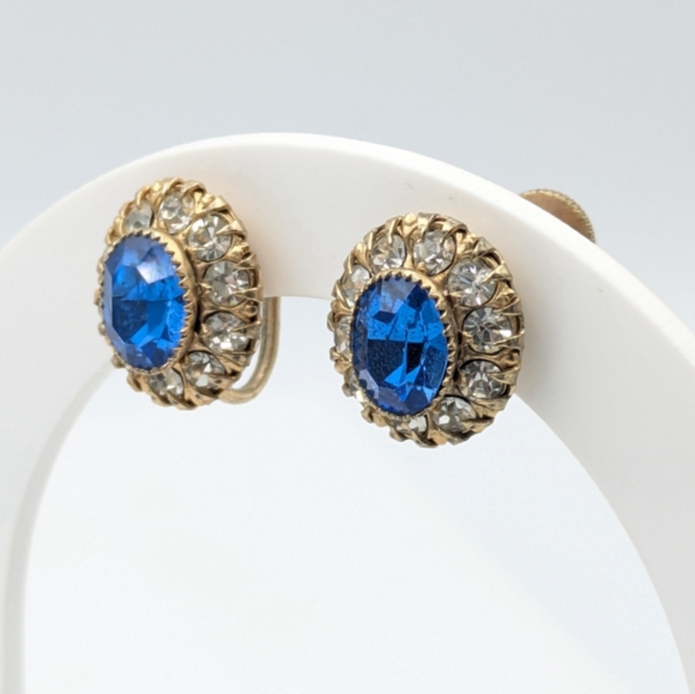 Antique Early 1920s-40s Faux Sapphire and Diamond Screw-back Earrings